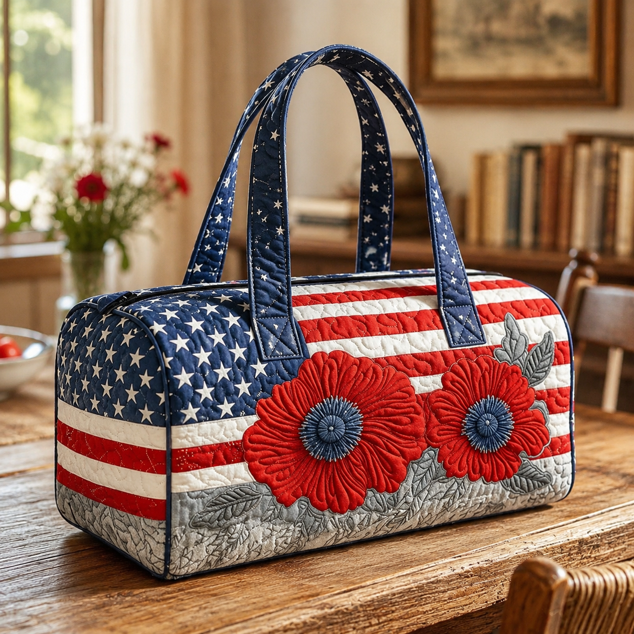 Patriotic Quilted Tote Bag I 3D Floral American Flag Travel Duffel