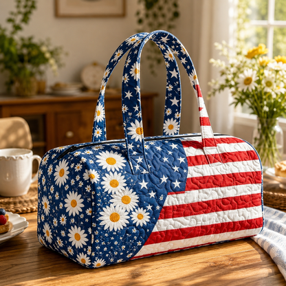 Patriotic Quilted Tote Bag I 3D Floral American Flag Travel Duffel