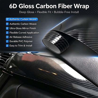6D Gloss Carbon Fiber Vinyl Wrap Film, Self-Adhesive Car Interior Exterior Trim Decal 🚗