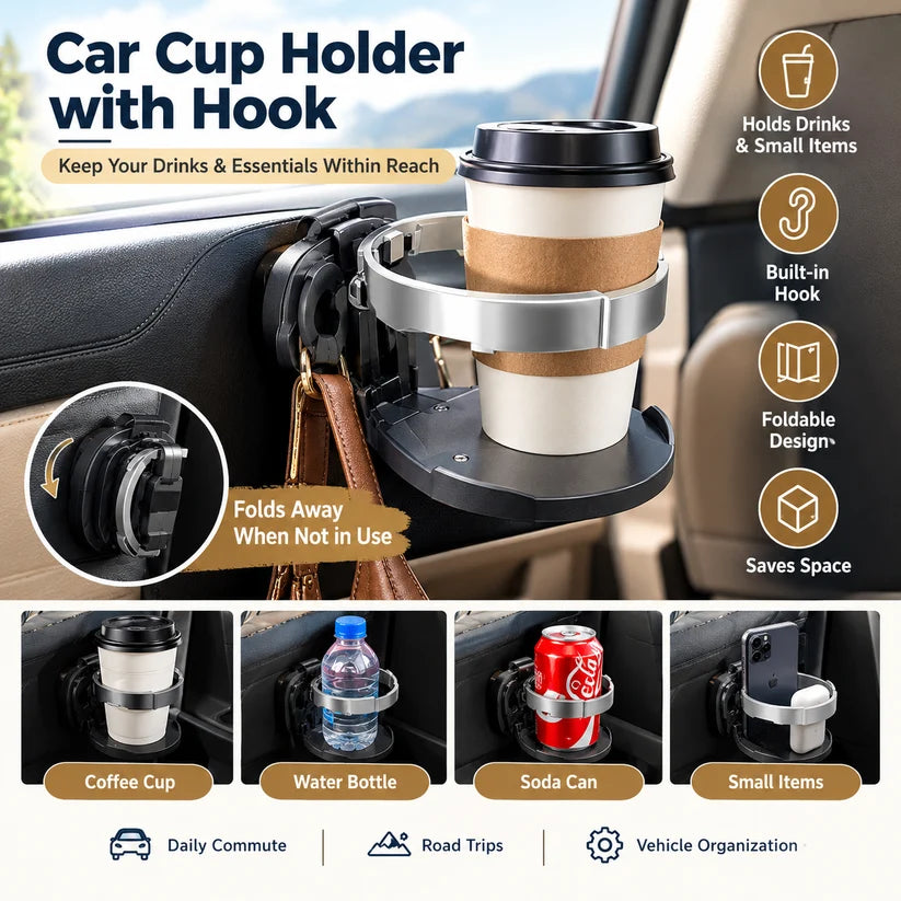 Universal Foldable Car Cup Holder with Hook, Space-Saving Vehicle Drink Holder for Bottles☕