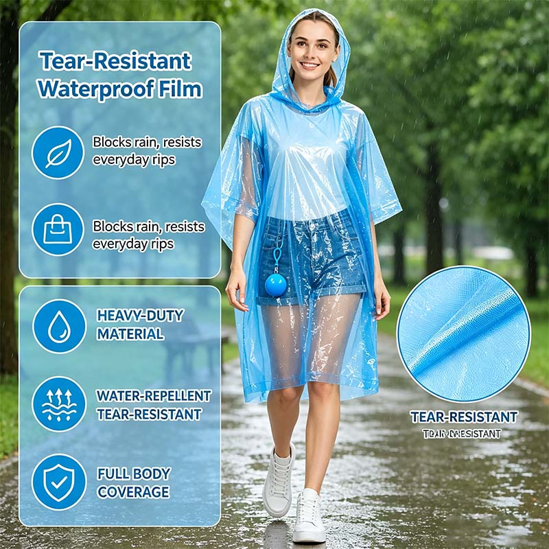Hooded Disposable Rain Poncho-Random Color, Waterproof Tear-Resistant Portable Raincoat with Keychain Ball 🌧️ ☔