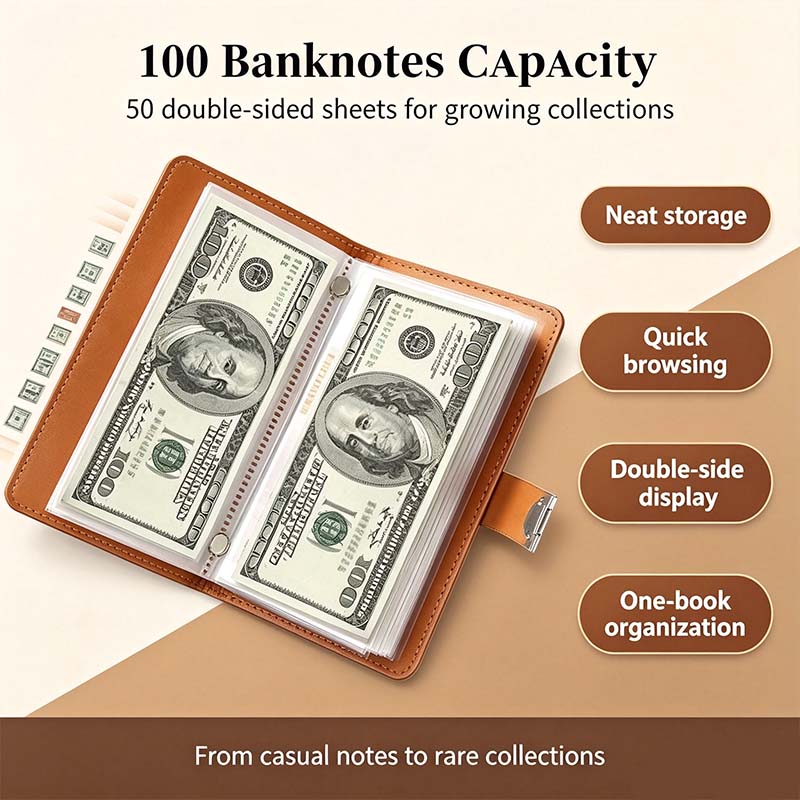 100-Transparent-Pocket Currency Collectors Album, Top-Grade PU Leather, Password Lock💵