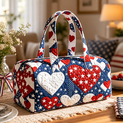 Patriotic Quilted Tote Bag I 3D Floral American Flag Travel Duffel