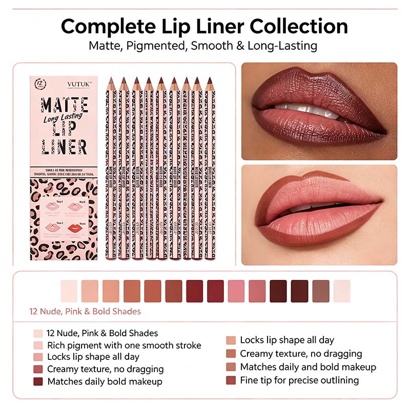 Full 12-Color Lip Liner Set – Matte High Pigment, Long-Lasting Non-Fading💋