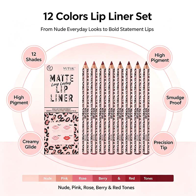 Full 12-Color Lip Liner Set – Matte High Pigment, Long-Lasting Non-Fading💋