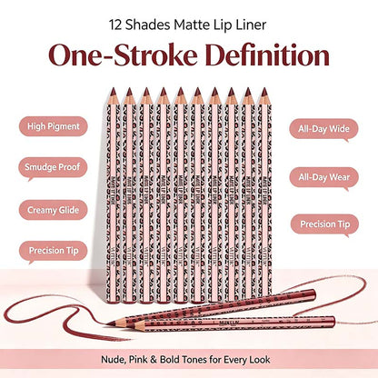 Full 12-Color Lip Liner Set – Matte High Pigment, Long-Lasting Non-Fading💋