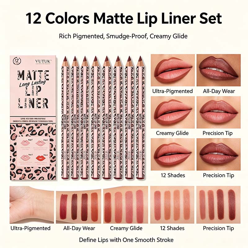 Full 12-Color Lip Liner Set – Matte High Pigment, Long-Lasting Non-Fading💋