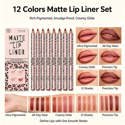 Full 12-Color Lip Liner Set – Matte High Pigment, Long-Lasting Non-Fading💋