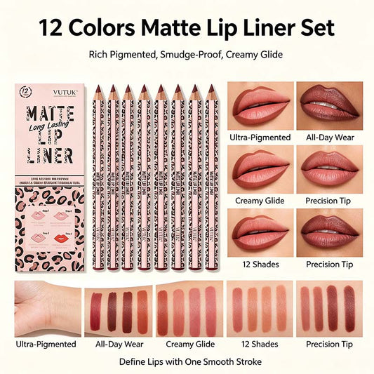 Full 12-Color Lip Liner Set – Matte High Pigment, Long-Lasting Non-Fading💋