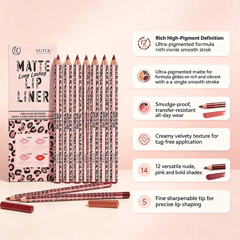 Full 12-Color Lip Liner Set – Matte High Pigment, Long-Lasting Non-Fading💋