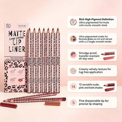 Full 12-Color Lip Liner Set – Matte High Pigment, Long-Lasting Non-Fading💋