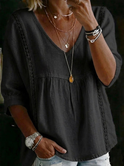 Women's Chic Loose-Fit V-Neck Lace Blouse, 3/4-Length Puff Sleeves
