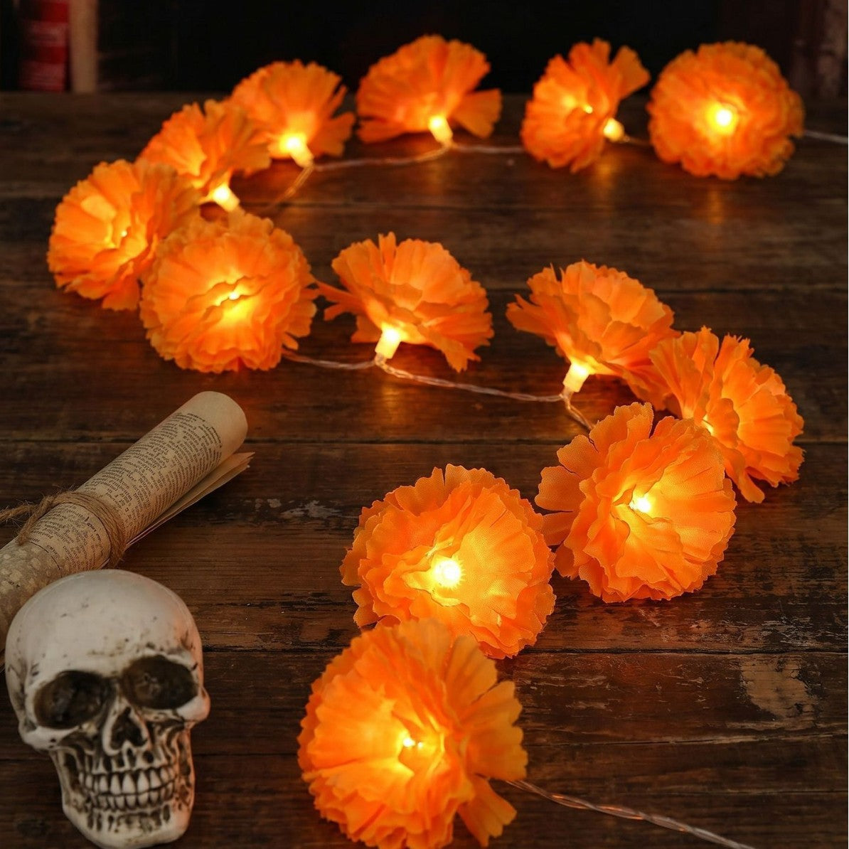 3M Mexican Marigold LED String Lights, 20 Flashing Orange Cempasuchil Style Garland, Battery-Powered🌼✨