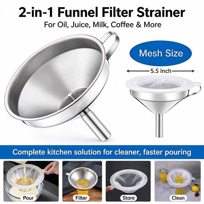 Funnel for Filling Bottles, 5 Inch Food Grade Stainless Steel Kitchen Funnel with 200 Mesh Filter Strainer🔥