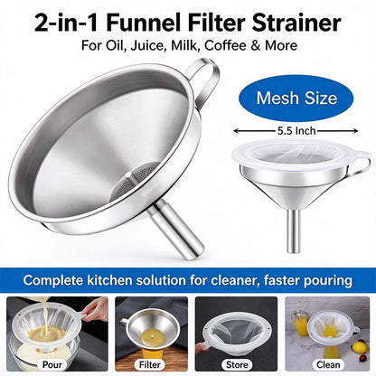 Funnel for Filling Bottles, 5 Inch Food Grade Stainless Steel Kitchen Funnel with 200 Mesh Filter Strainer🔥
