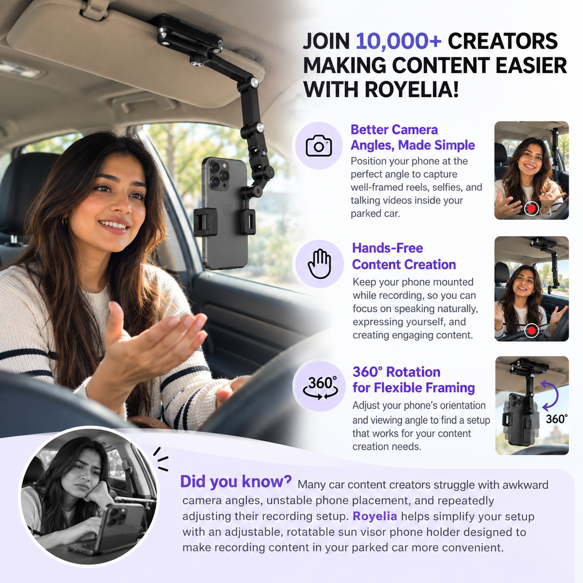 Foldable Car Phone Holder for Sun Visor, Adjustable Arm with 360° Phone Rotation 🚗📱