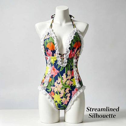 Women's One Piece Halter V-neck Printing Lace Adjustable Back Straps Sexy Swimsuit 👙
