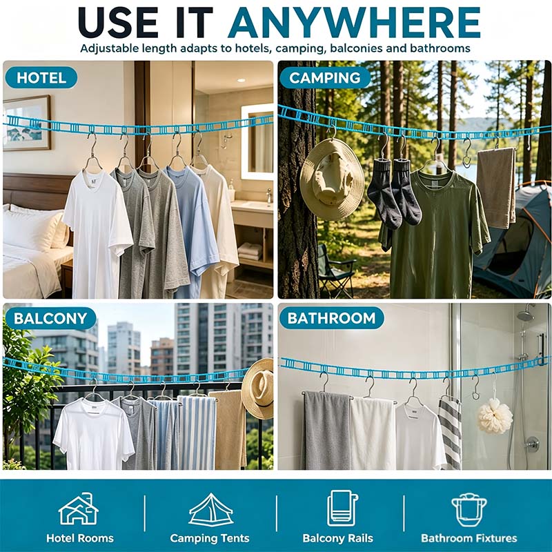 3 Roll Portable Clothesline – 196.85 Inch Adjustable Laundry Line, Windproof & Non-Slip, Easy Setup🌀