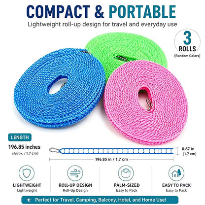 3 Roll Portable Clothesline – 196.85 Inch Adjustable Laundry Line, Windproof & Non-Slip, Easy Setup🌀