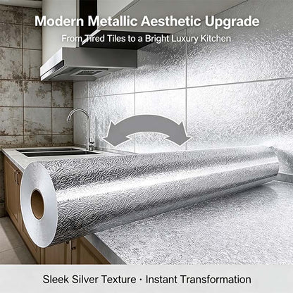 Kitchen Waterproof Oil Proof Aluminum Foil Sticker, Silver Texture Peel🧽