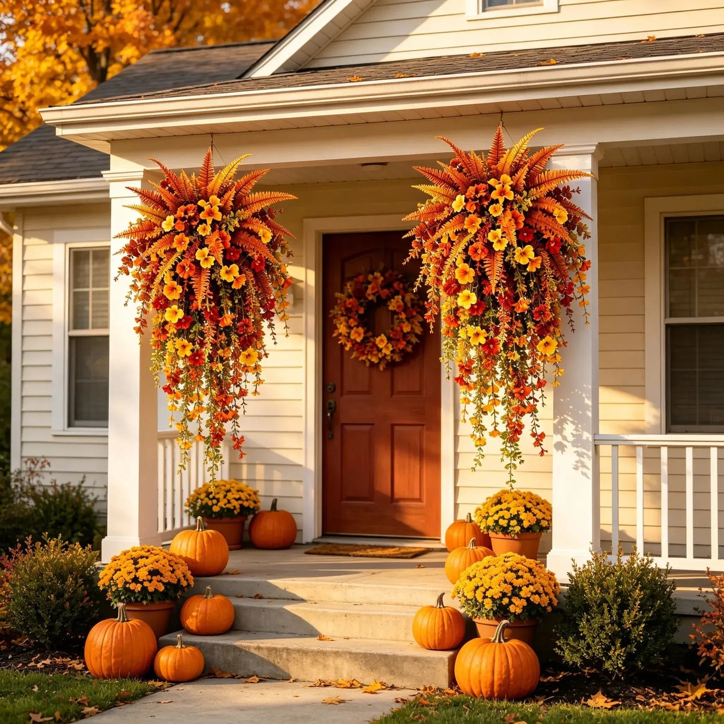 UV-resistant artificial Boston fern plant, realistic large outdoor hanging autumn faux plant🍂