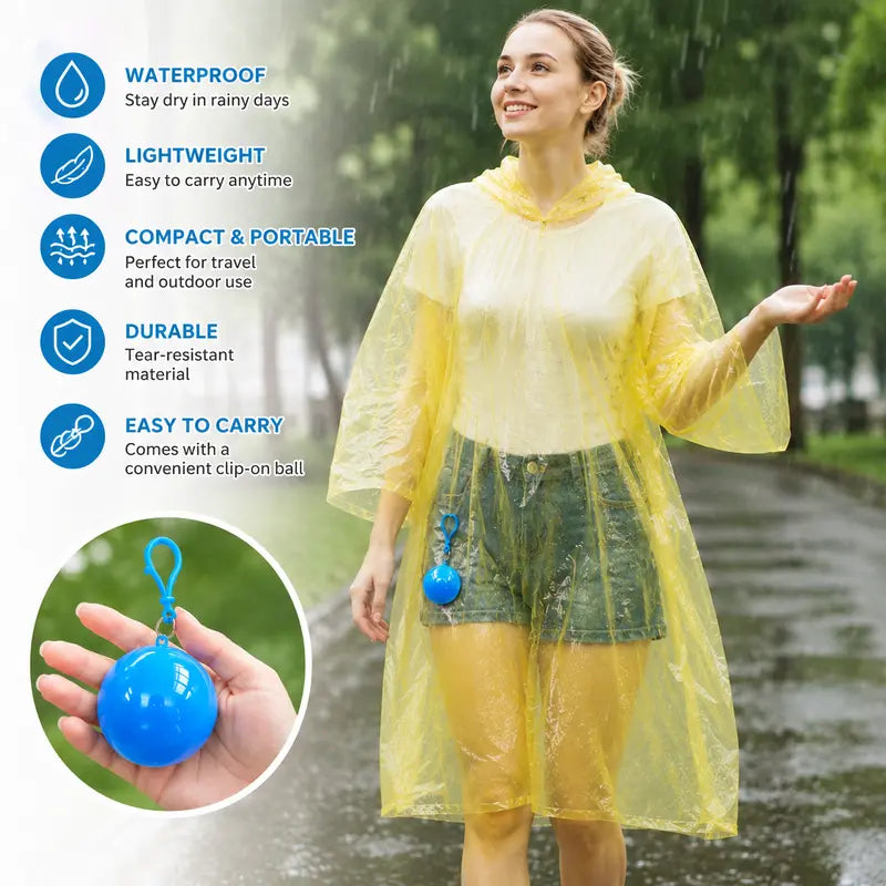 Hooded Disposable Rain Poncho-Random Color, Waterproof Tear-Resistant Portable Raincoat with Keychain Ball 🌧️ ☔