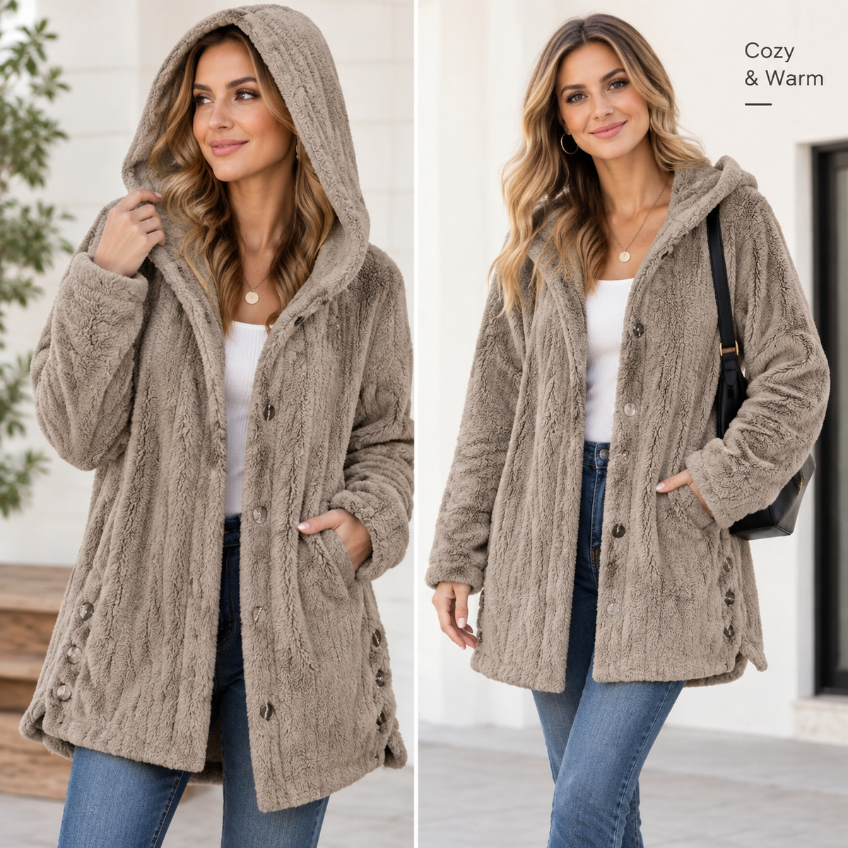 Women’s Lightweight Plush Hooded Jacket, Warm Mid-Length Teddy Bear Cardigan 🧸🧥
