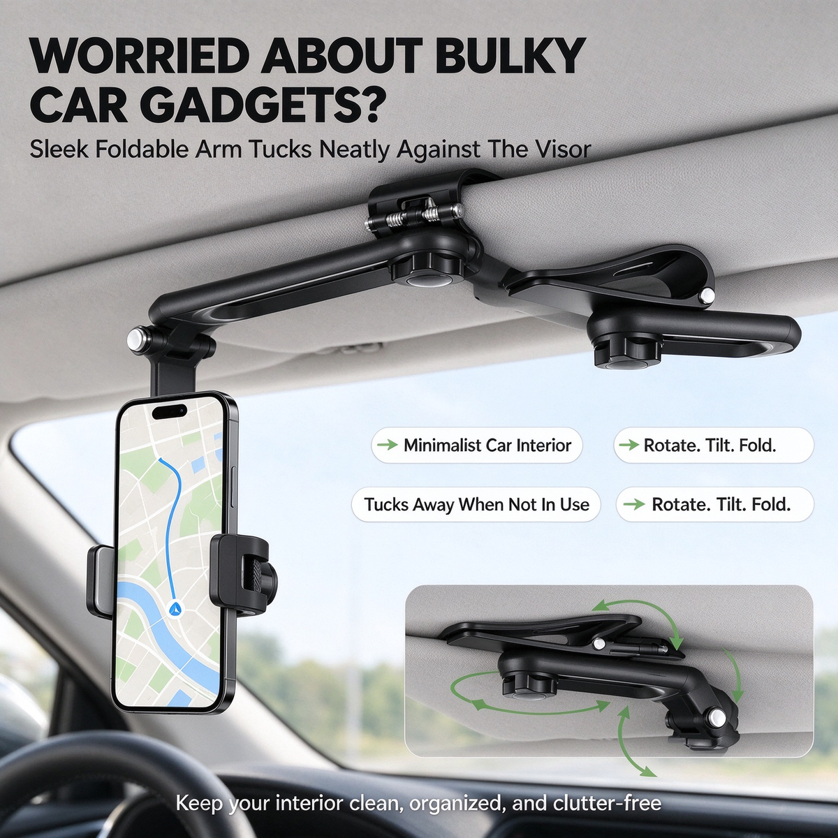Foldable Car Phone Holder for Sun Visor, Adjustable Arm with 360° Phone Rotation 🚗📱