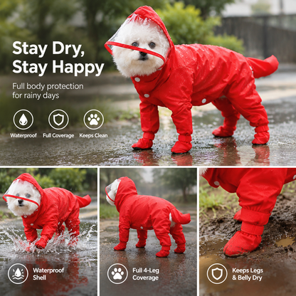 Waterproof 4-Leg Dog Raincoat with Hood & Attached Boots 🐶