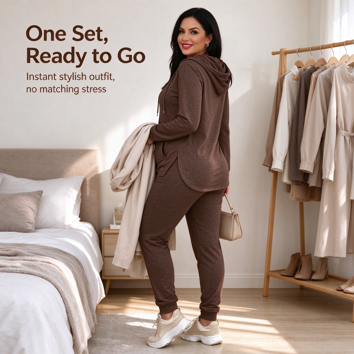 Women's Solid Basic 2-Piece Outfit, Drawstring Hooded Long Sleeve Top & Slim Fit Casual Pants 🧥👖