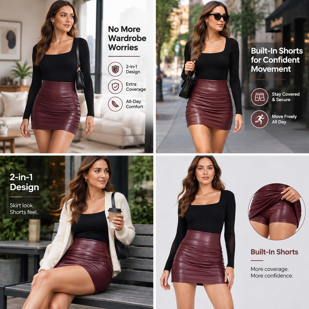 High Waisted Tummy Control Ruched Curved Hem 2-in-1 Fleece PU Mini Bodycon Skirt💃