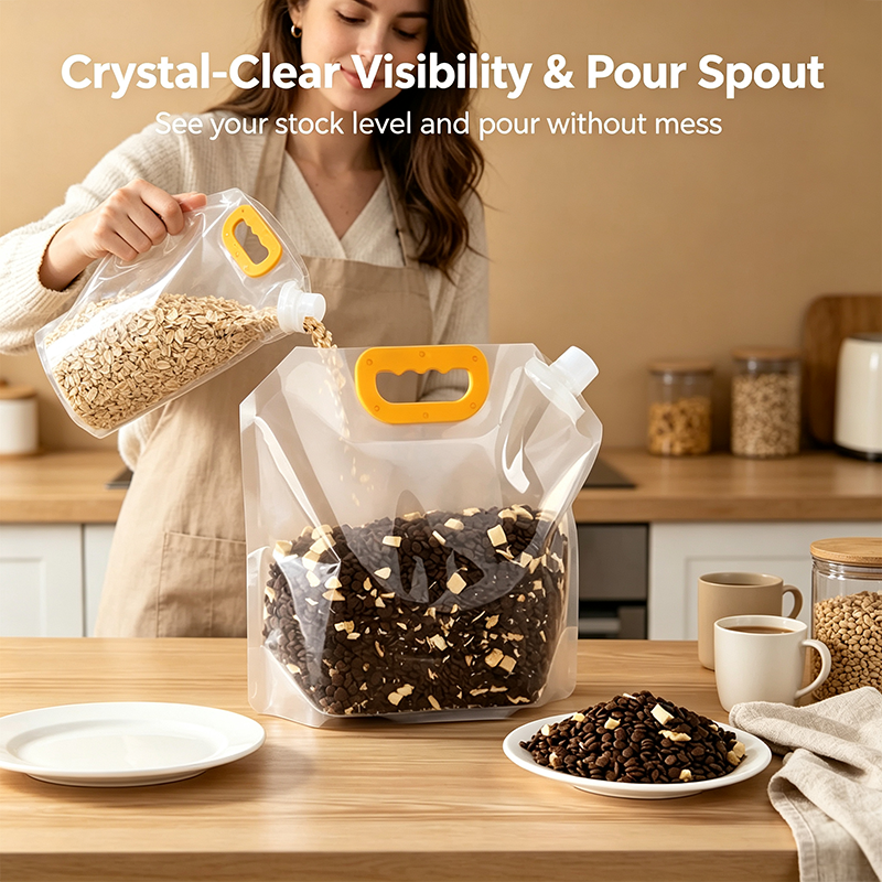 Clear food storage pouch with pouring spout