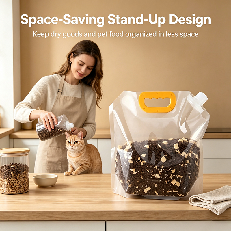 Space saving stand up food storage pouch