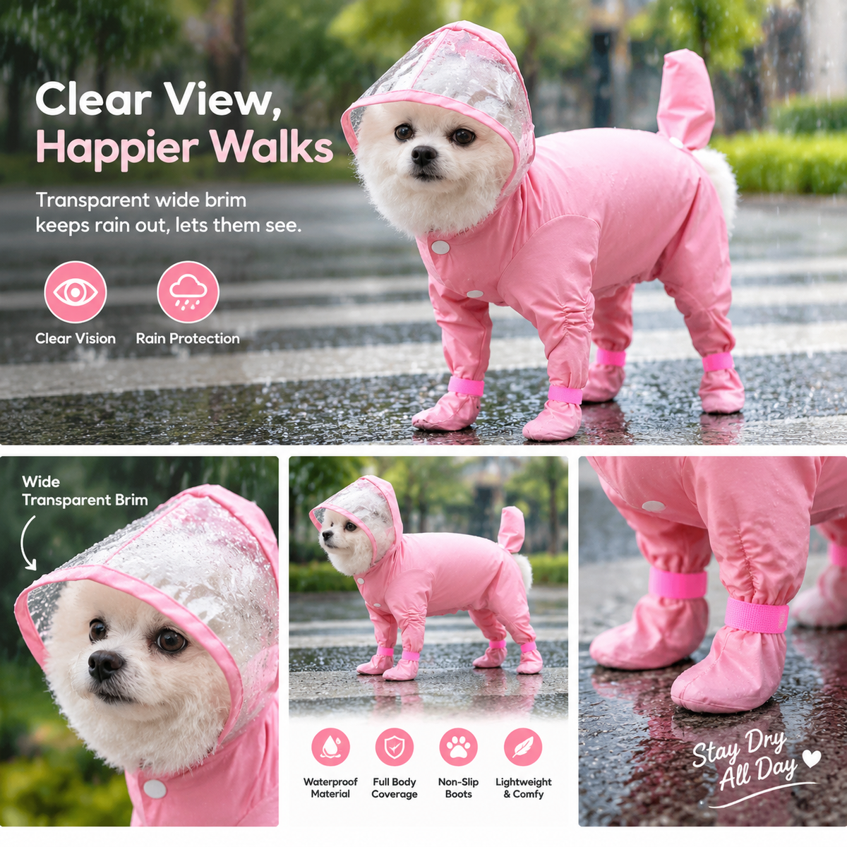 Waterproof 4-Leg Dog Raincoat with Hood & Attached Boots 🐶
