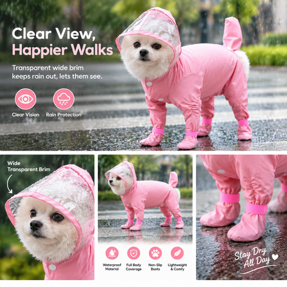 Waterproof 4-Leg Dog Raincoat with Hood & Attached Boots 🐶