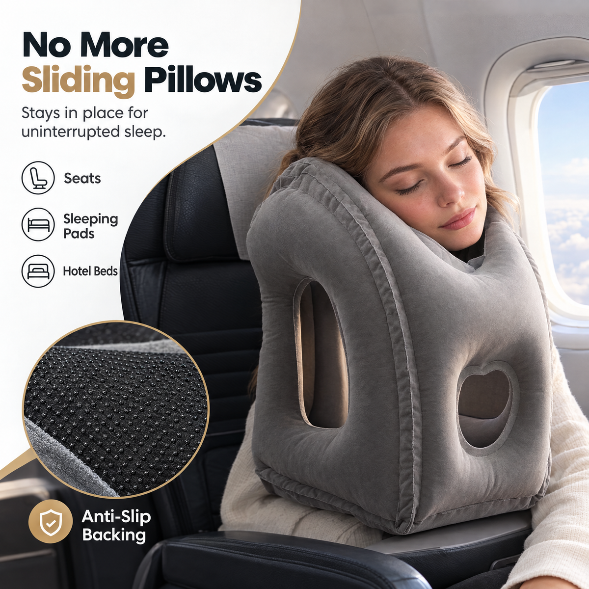Anti slip backing on inflatable travel sleep pillow