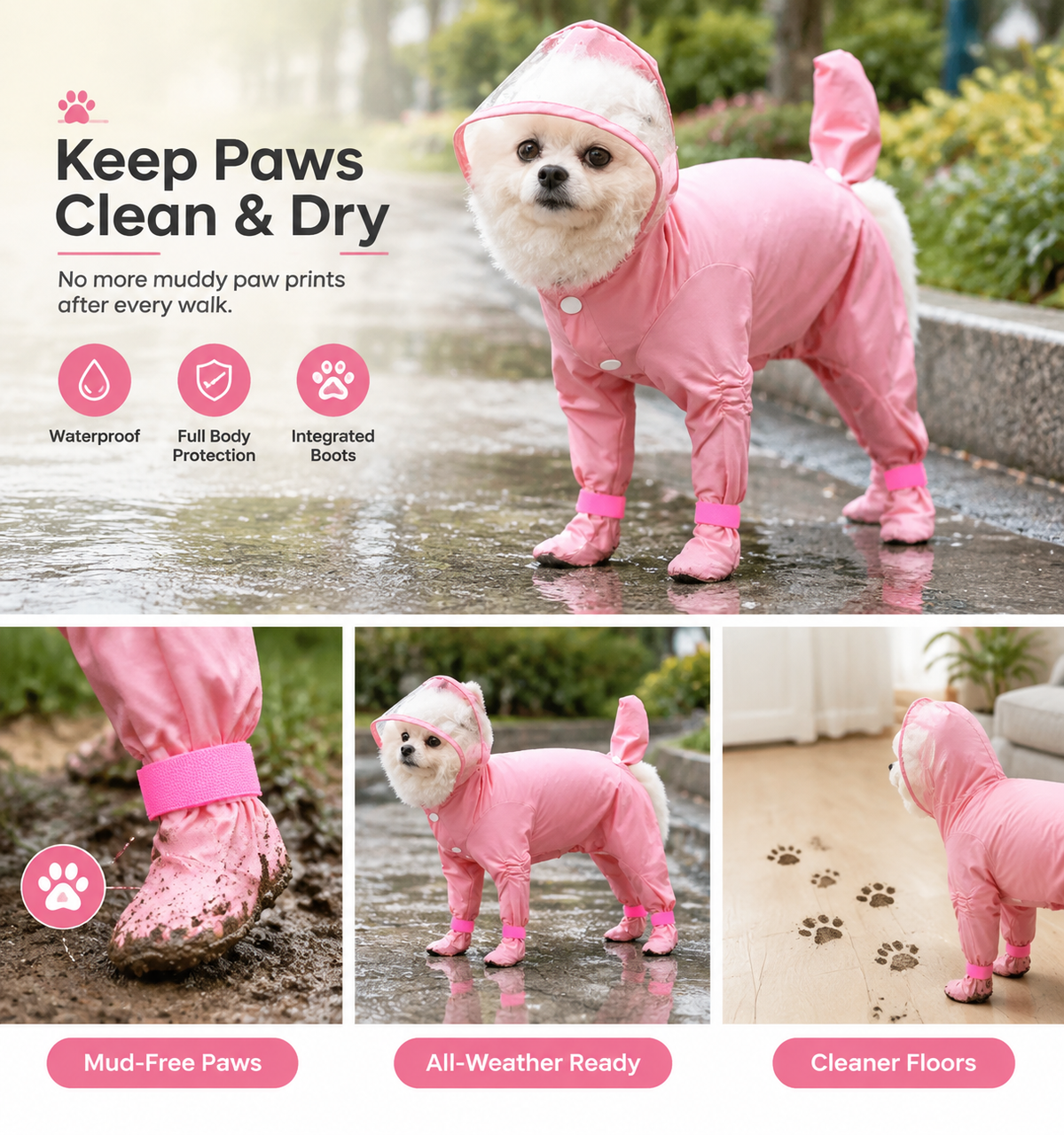 Waterproof 4-Leg Dog Raincoat with Hood & Attached Boots 🐶