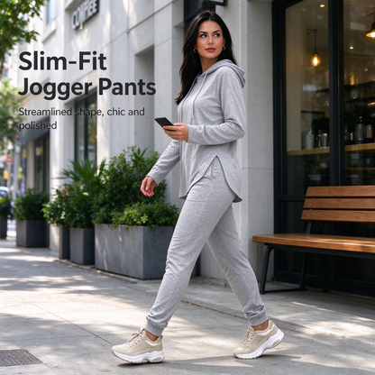 Women's Solid Basic 2-Piece Outfit, Drawstring Hooded Long Sleeve Top & Slim Fit Casual Pants 🧥👖