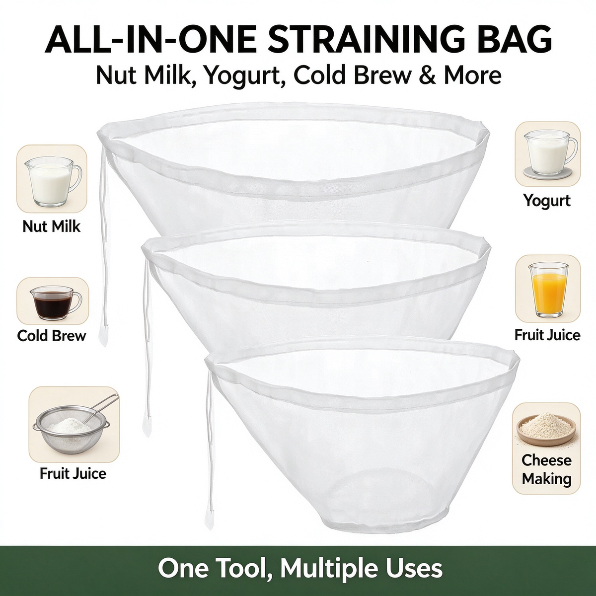 3 Pcs Bowl-Shaped Nylon Nut Milk Bag, Reusable Strainer Bags 🥣