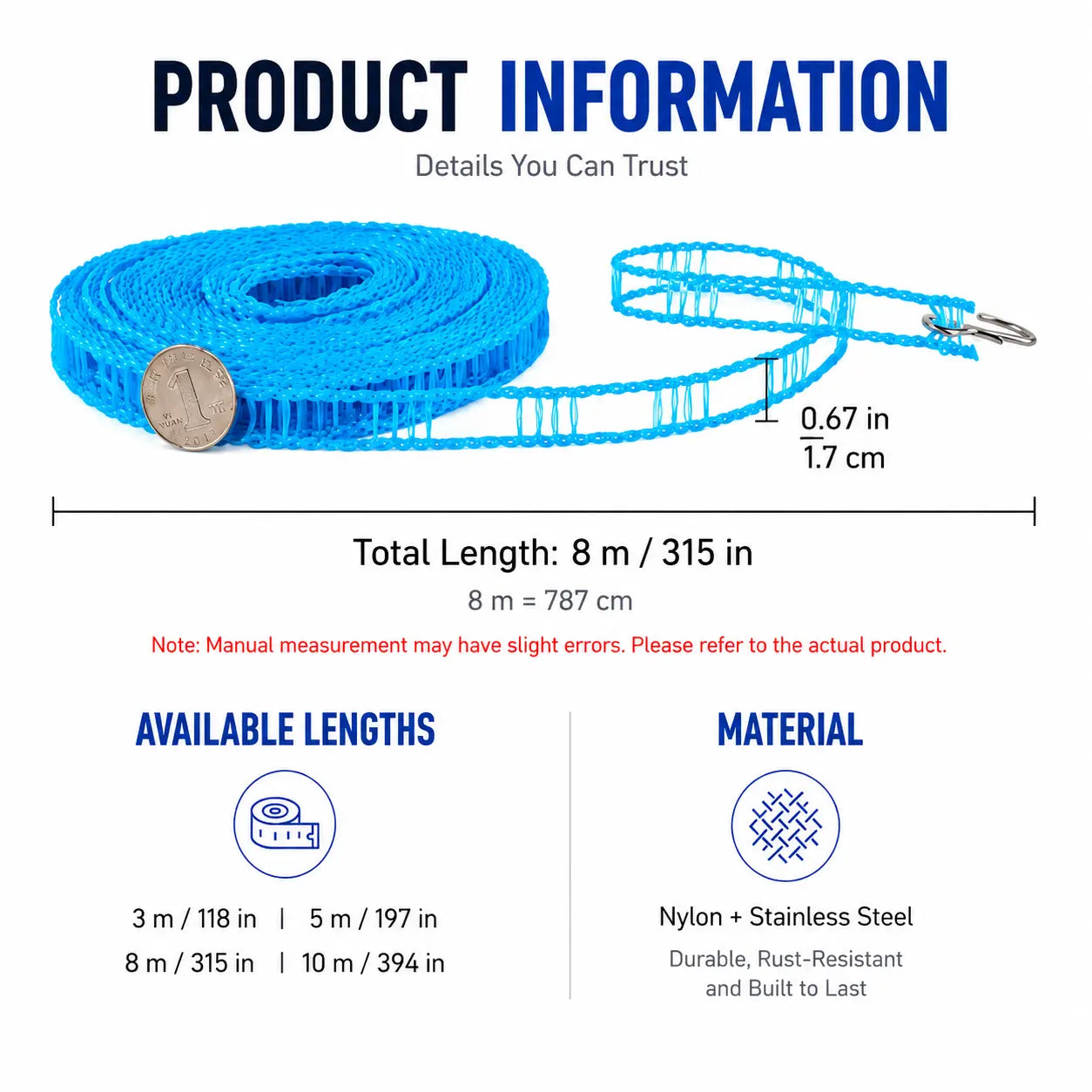 3 Roll Portable Clothesline – 196.85 Inch Adjustable Laundry Line, Windproof & Non-Slip, Easy Setup🌀