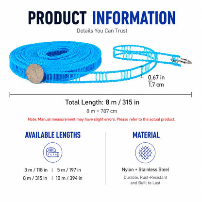 3 Roll Portable Clothesline – 196.85 Inch Adjustable Laundry Line, Windproof & Non-Slip, Easy Setup🌀