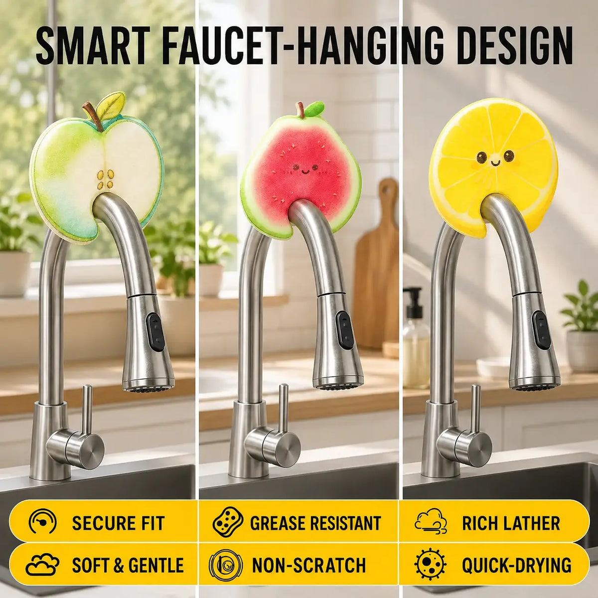 Compressed Cellulose Sponges - 3-Pack Fruit-Shaped Natural Pop-Up Kitchen Sponges🌍