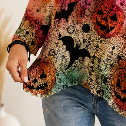 Women's Long-Sleeve Style Knitwear Piece, Halloween Pumpkin-Bat Print Casual Fall Pullover🎃