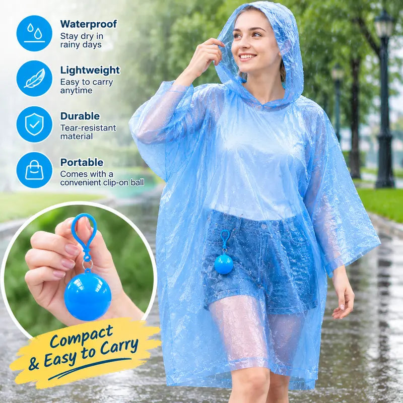 Hooded Disposable Rain Poncho-Random Color, Waterproof Tear-Resistant Portable Raincoat with Keychain Ball 🌧️ ☔