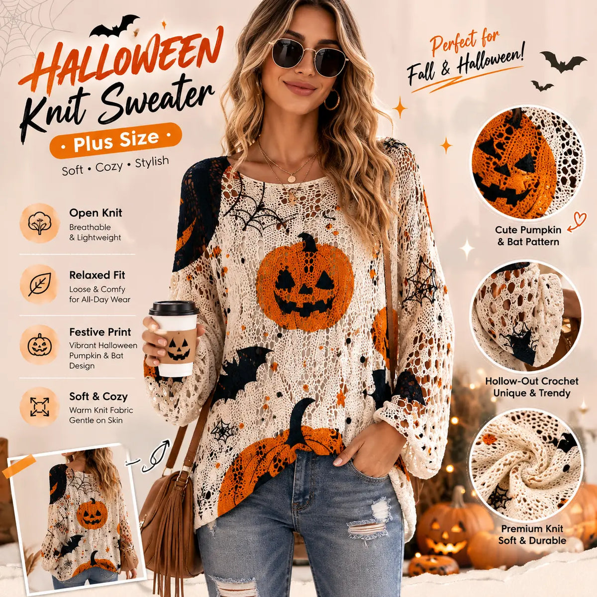Women's Long-Sleeve Style Knitwear Piece, Halloween Pumpkin-Bat Print Casual Fall Pullover🎃