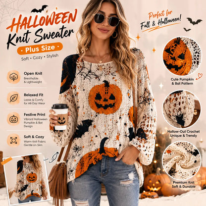 Women's Long-Sleeve Style Knitwear Piece, Halloween Pumpkin-Bat Print Casual Fall Pullover🎃