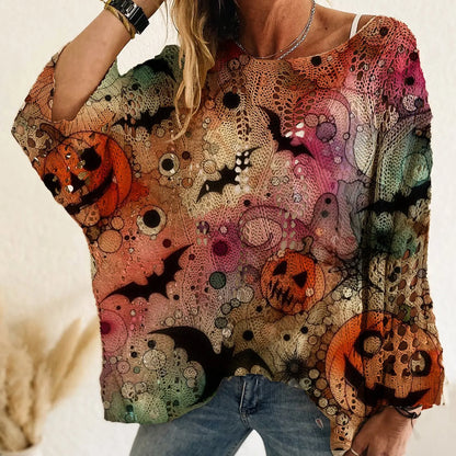 Women's Long-Sleeve Style Knitwear Piece, Halloween Pumpkin-Bat Print Casual Fall Pullover🎃