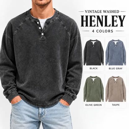 Men's Vintage Washed 3-Button Henley Long Sleeve Plain Pullover 👔
