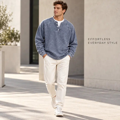 Men's Vintage Washed 3-Button Henley Long Sleeve Plain Pullover 👔