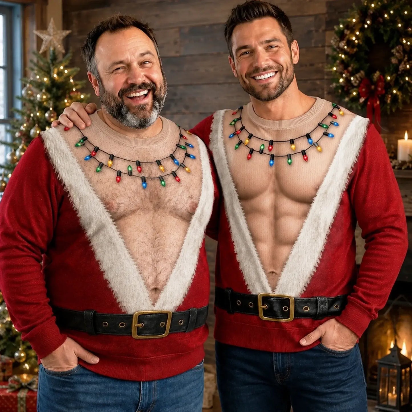 Funny Hairy Chest Santa Lights Ugly Christmas Sweater 3D Printed Holiday Gag Gift Sweatshirt🎅
